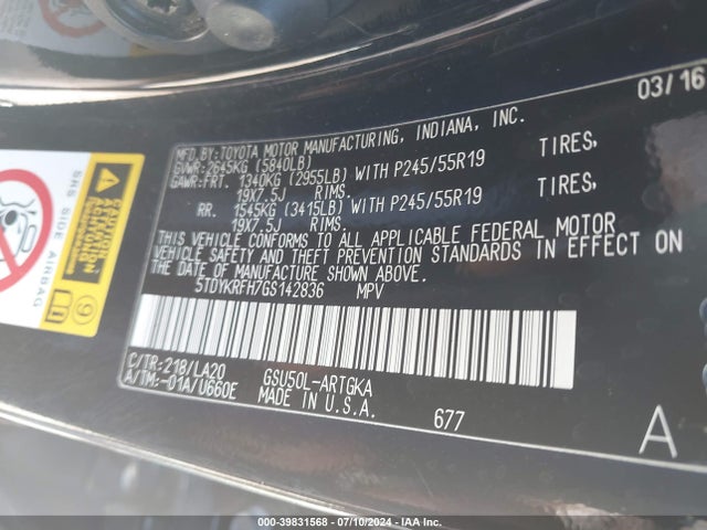 5TDYKRFH7GS142836 Toyota Highlander Limited V6