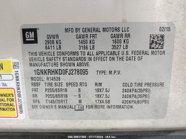 Chevrolet Traverse 2lt 2015 1GNKRHKD0FJ278095 Image 9