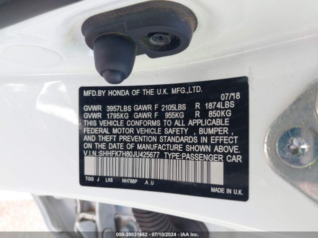 SHHFK7H80JU425677 Honda Civic Ex-l