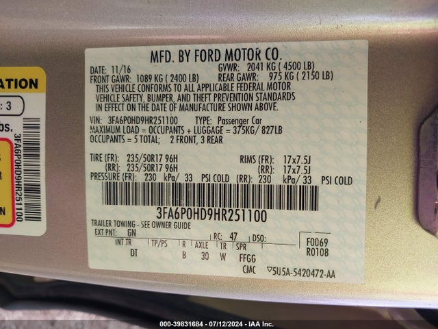 Ford FUSION SE 2017 3FA6P0HD9HR251100 Image 9