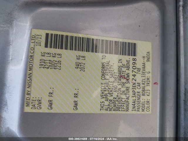 Nissan Altima 2.5 S 2014 1N4AL3AP3EN247098 Image 9