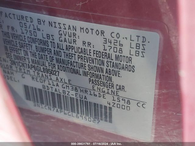 3N1CN7AP6GL895027 Nissan Versa 1.6 S/1.6 S+/1.6 Sl/1.6 Sv