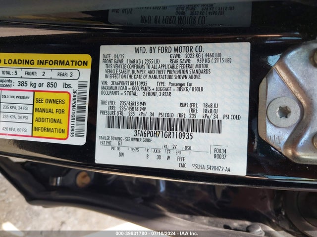 Ford FUSION SE 2016 3FA6P0H71GR110935 Image 9