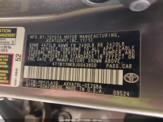 4T1B11HK8JU043850 Toyota CAMRY XLE