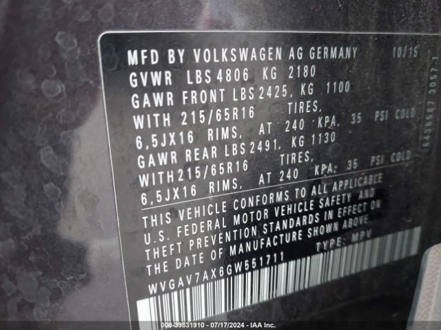WVGAV7AX6GW551711 Volkswagen TIGUAN S