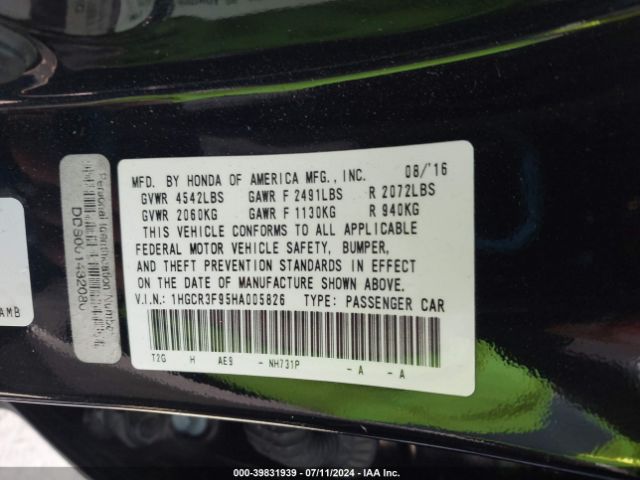 1HGCR3F95HA005826 Honda Accord Touring V6