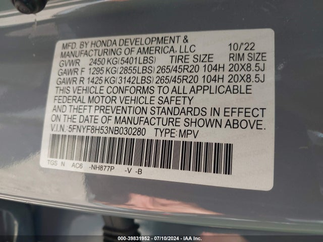Honda Passport Awd Ex-l 2022 5FNYF8H53NB030280 Image 9
