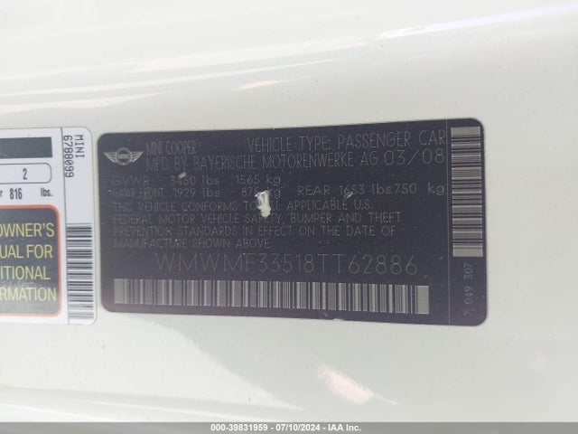 2008 MINI COOPER WMWMF33518TT62886 Photo 8