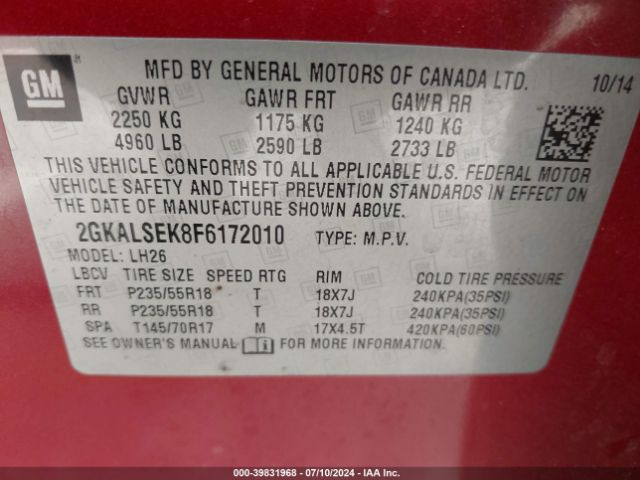 2GKALSEK8F6172010 GMC lea - flex fuel (gas/alc), aluminum, ho,