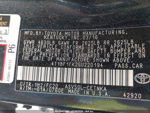 Toyota CAMRY LE 2016 4T1BF1FK2GU220194 Image 9