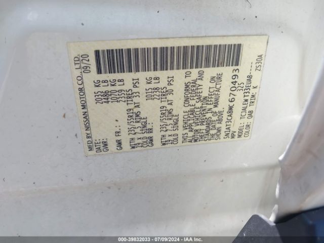 5N1AT3CA8MC670493 Nissan Rogue Sl Fwd