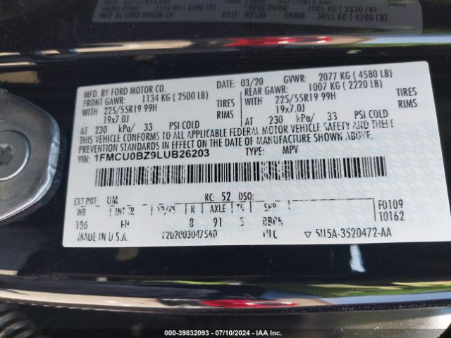 1FMCU0BZ9LUB26203 Ford Escape Se Sport Hybrid
