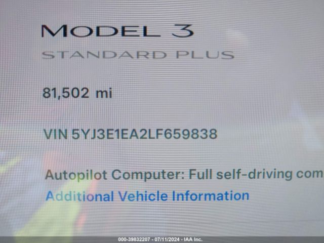 5YJ3E1EA2LF659838 Tesla Model 3 Standard Range Plus Rear-wheel Drive/standard Range Rear-wheel Drive