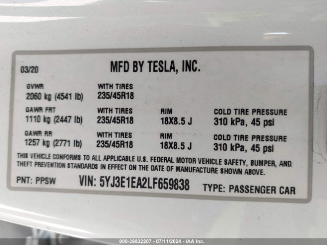 5YJ3E1EA2LF659838 Tesla Model 3 Standard Range Plus Rear-wheel Drive/standard Range Rear-wheel Drive