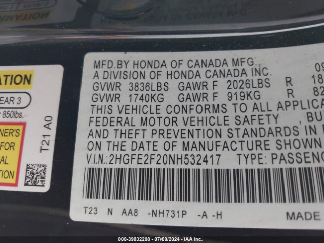 2HGFE2F20NH532417 Honda Civic Lx
