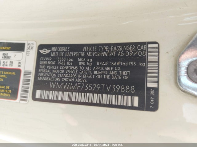 2009 MINI COOPER S WMWMF73529TV39888 Photo 8