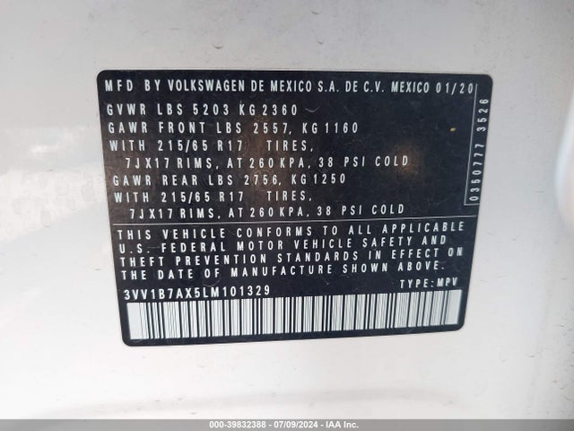 3VV1B7AX5LM101329 Volkswagen Tiguan 2.0t S