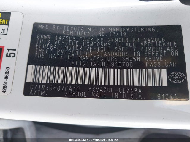 Toyota CAMRY LE 2020 4T1C11AK3LU916700 Image 9