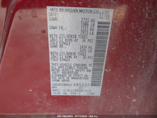 5N1DR2BN4LC595137 Nissan Pathfinder Sv 2wd