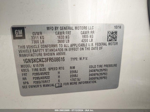 1GNSKCKC3FR508616 Chevrolet Tahoe Ltz