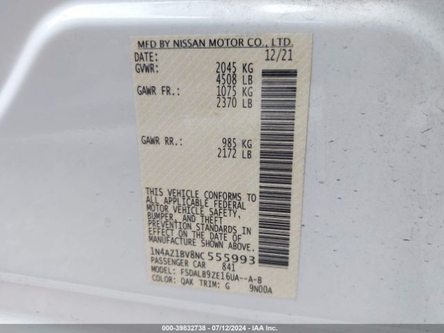 1N4AZ1BV8NC555993 Nissan Leaf S 40 Kwh