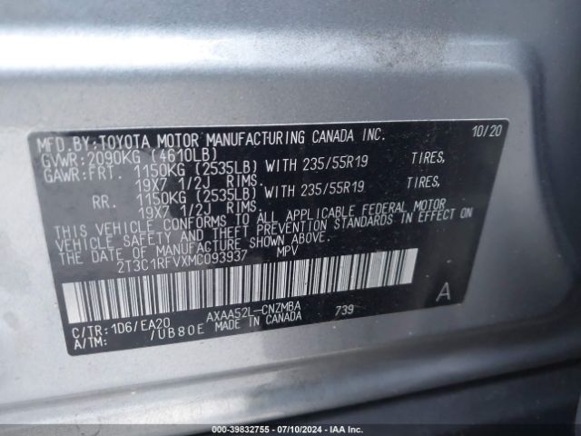 2T3C1RFVXMC093937 Toyota Rav4 Xle Premium