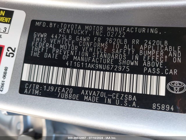 Toyota CAMRY SE 2022 4T1G11AK9NU672975 Image 9