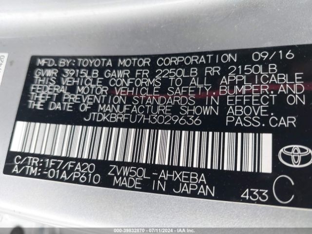 JTDKBRFU7H3029636 Toyota Prius Two