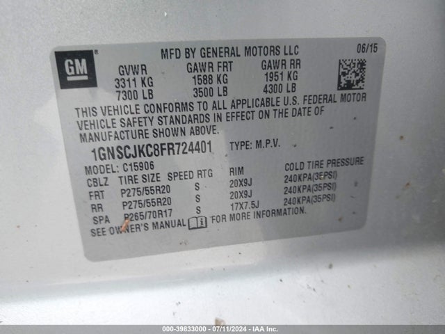 Chevrolet Suburban 1500 Lt 2015 1GNSCJKC8FR724401 Image 9