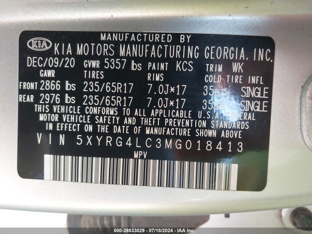 KIA SORENTO LX 2021 5XYRG4LC3MG018413 Image 9