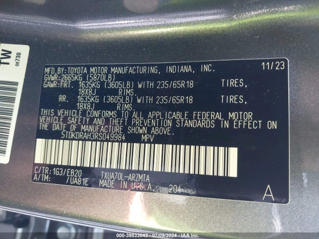 Toyota Highlander Xle 2024 5TDKDRAH3RS049984 Image 9