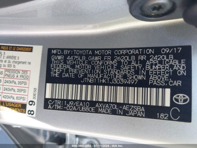 JTNB11HK1J3039497 Toyota CAMRY SE