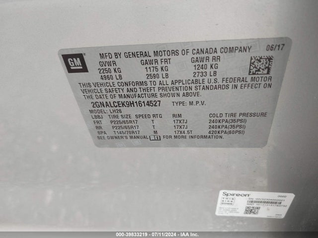 Chevrolet EQUINOX LT 2017 2GNALCEK9H1614527 Image 9