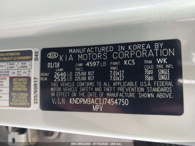 KNDPM3AC1J7454750 KIA Sportage Lx