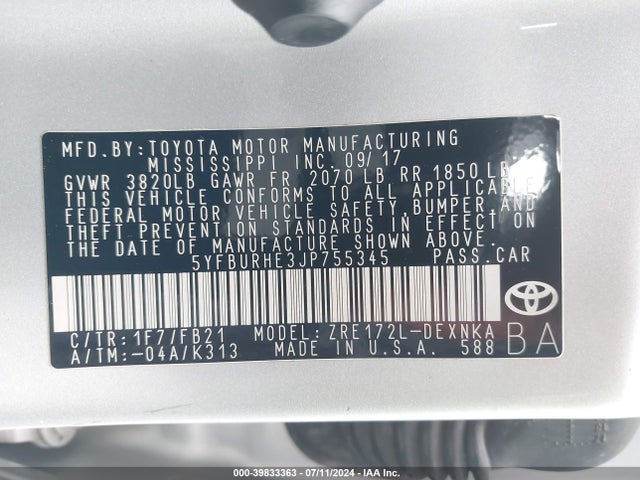 Toyota COROLLA LE 2018 5YFBURHE3JP755345 Image 9