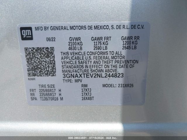3GNAXTEV2NL244823 Chevrolet Equinox Awd 2fl