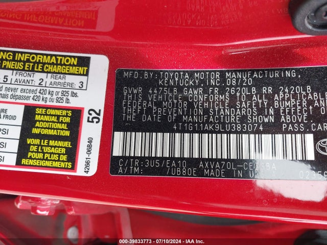 Toyota CAMRY SE 2020 4T1G11AK9LU383074 Image 9