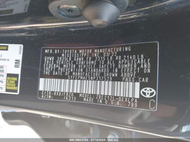 5YFEPMAE5NP317529 Toyota COROLLA LE