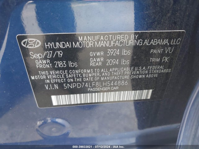 5NPD74LF8LH544886 Hyundai ELANTRA SE