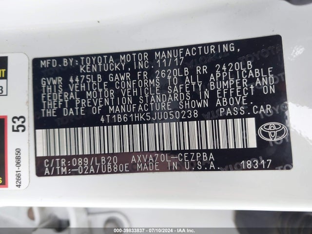 4T1B61HK5JU050238 Toyota CAMRY XSE