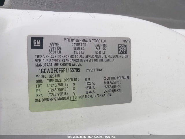 Chevrolet Express 2500 Work Van 2015 1GCWGFCF5F1165795 Image 9
