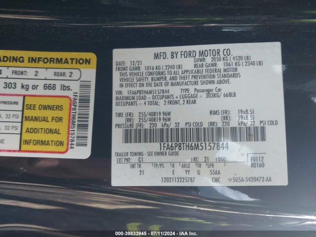 Ford Mustang Ecoboost Fastback 2021 1FA6P8TH6M5157844 Image 9