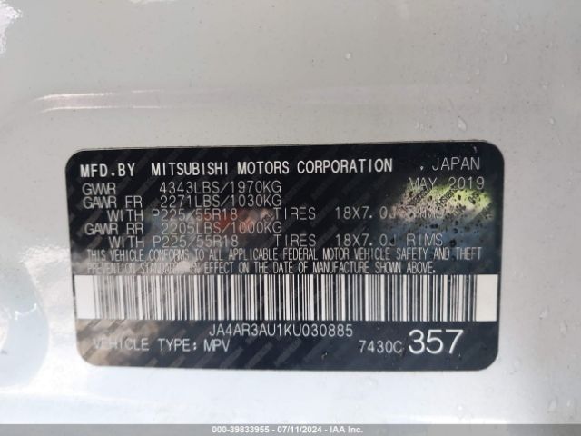 JA4AR3AU1KU030885 Mitsubishi Outlander Sport 2.0 Le