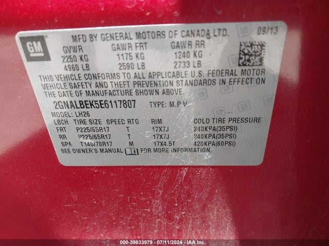 Chevrolet EQUINOX 1LT 2014 2GNALBEK5E6117807 Image 9