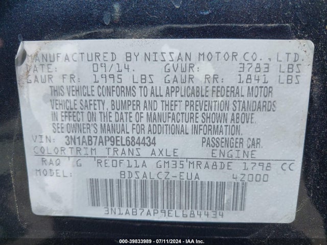 Nissan SENTRA S 2014 3N1AB7AP9EL684434 Image 9