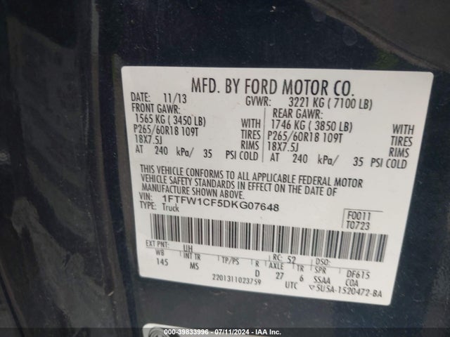 Aukcja sprzedaży 2013 Ford F-150 Xlt, vin: 1FTFW1CF5DKG07648, numer aukcji: 39833996