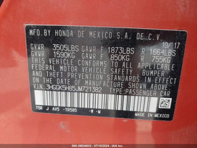 3HGGK5H85JM721382 Honda FIT EX