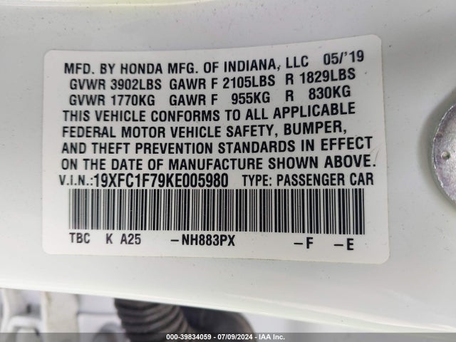 Honda Civic Ex-l 2019 19XFC1F79KE005980 Image 9