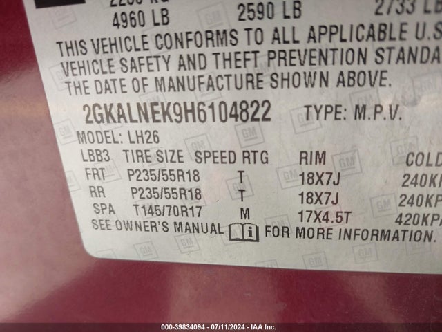 GMC Terrain Sle-2 2017 2GKALNEK9H6104822 Image 9