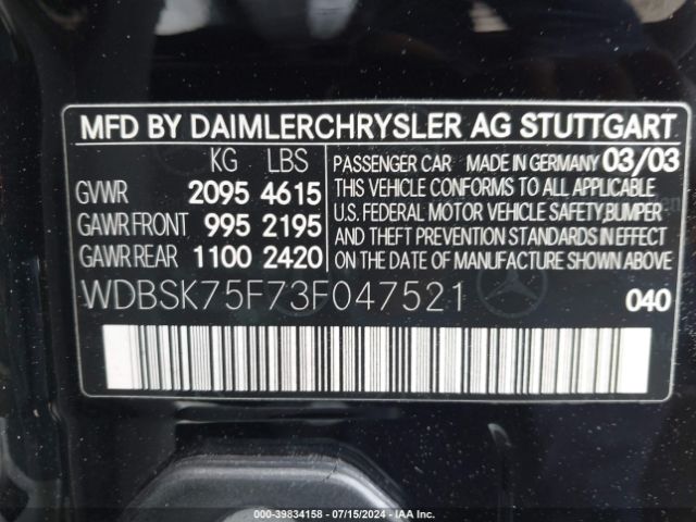2003 MERCEDES-BENZ SL 500 WDBSK75F73F047521 Photo 8